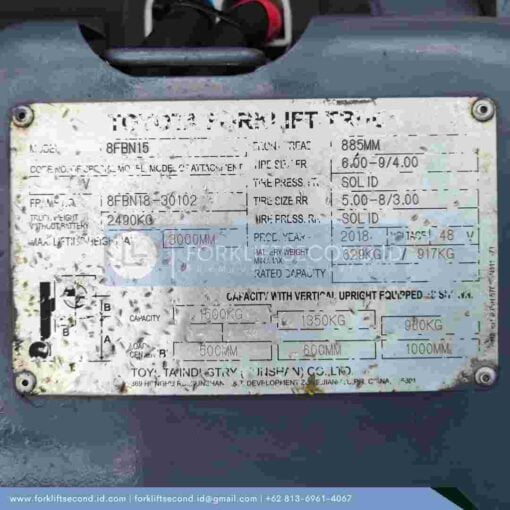 FORKLIFT SECOND TOYOTA 8FBN15 NAMEPLATE 30102